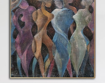 絵画　踊る女性 踊る女性の絵画 – 抽象的でカラフルな曲線のシルエットの壁アート