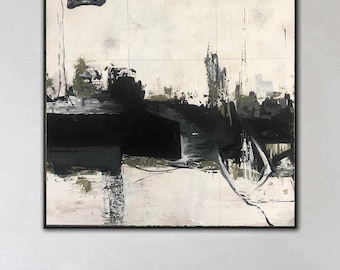 Textured Black and White Abstract Painting: Modern Industrial Canvas Art