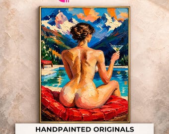 Female Nude Back View Painting | Original Impressionist Mountain Pool Landscape Palette Knife Wall Art