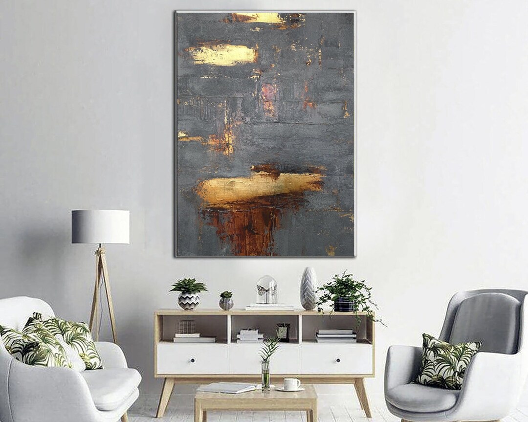 Abstract Grey Painting on Canvas Minimalist Wall Art Gold Leaf Etsy