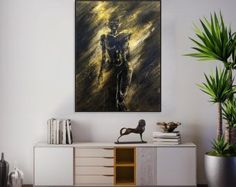 Cuadro moderno de gran tamaño en oro y negro con silueta femenina abstracta, lienzo de lujo texturizado y figurativo para decoración de pared.