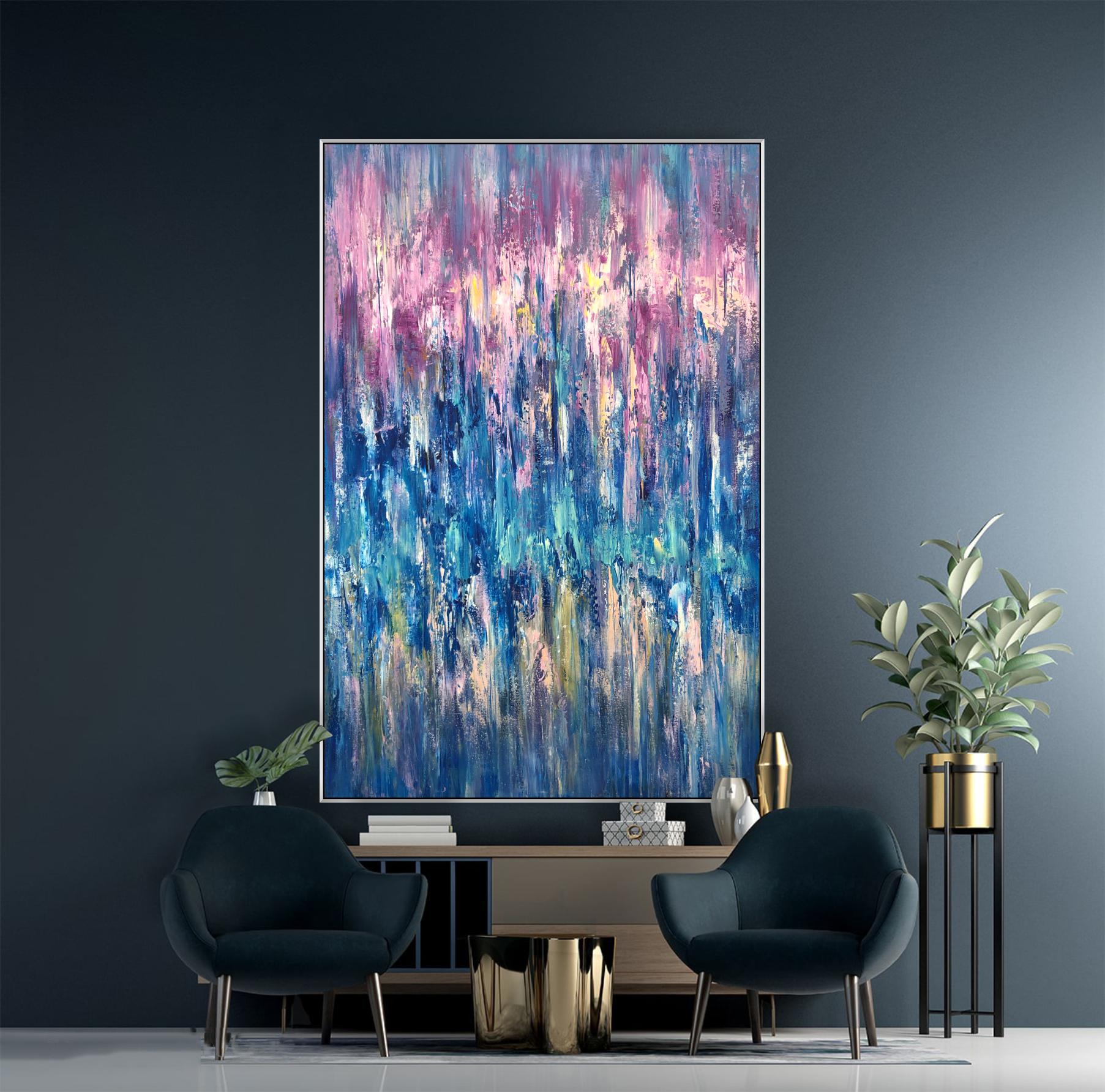 F30号 抽象アート キャンバス作品くすみカラー 優しい色合い 壁掛け 青