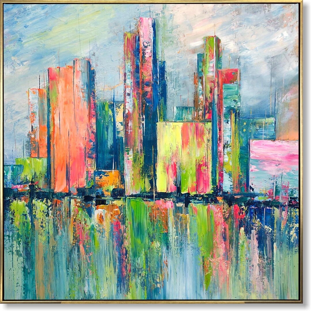Large Vibrant Abstract Cityscape Canvas Modern Skyline Wall Art With ...