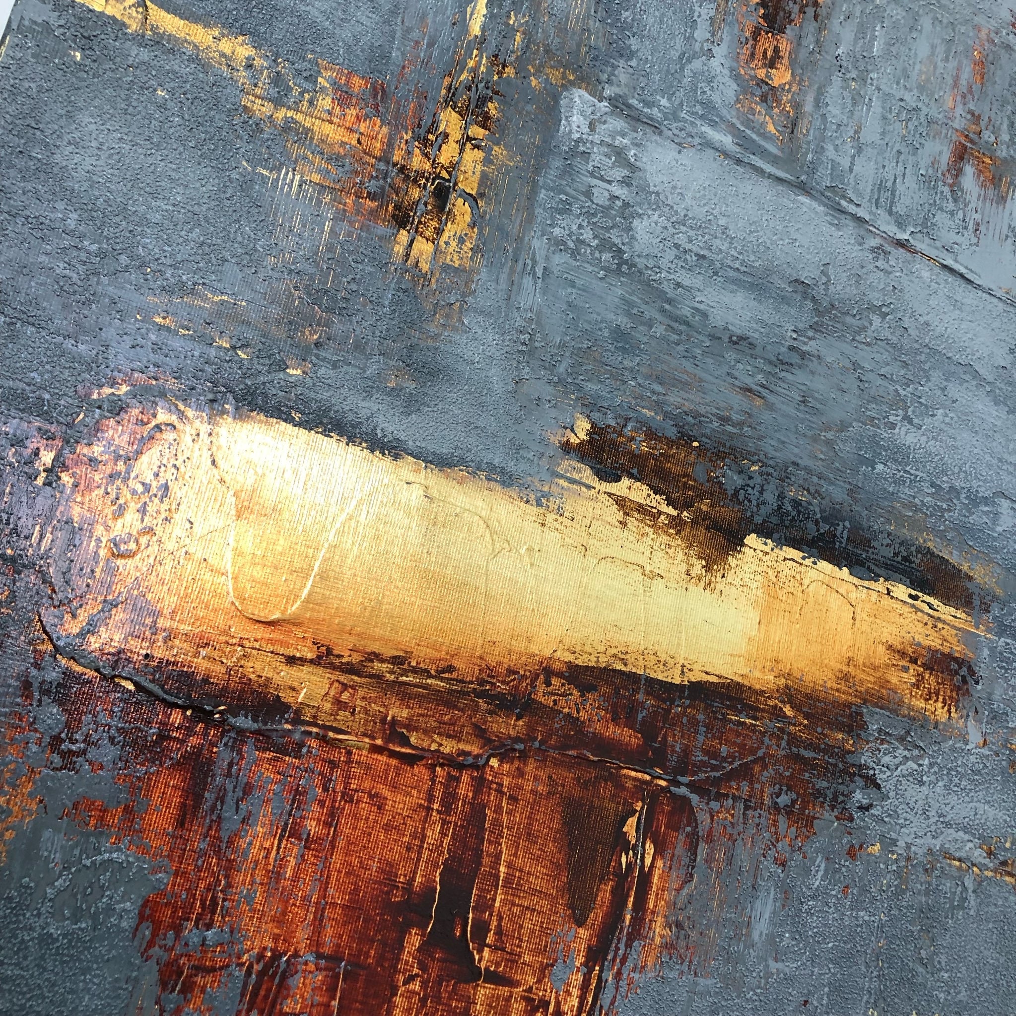 Abstract Grey Painting on Canvas Minimalist Wall Art Gold Leaf Etsy