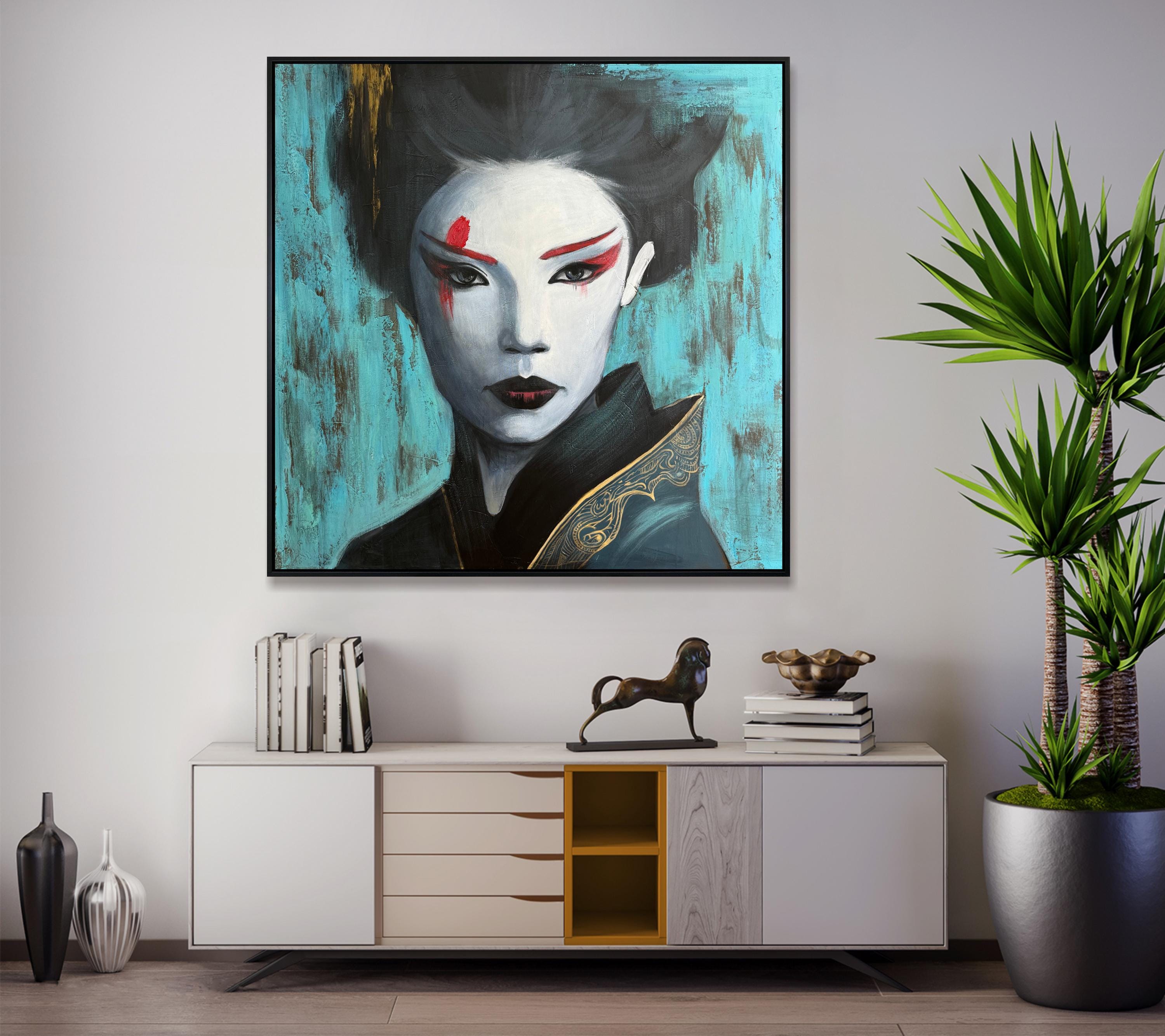 Modern Asian Woman Portrait Painting – Turquoise & Gold Geisha Wall Art ...