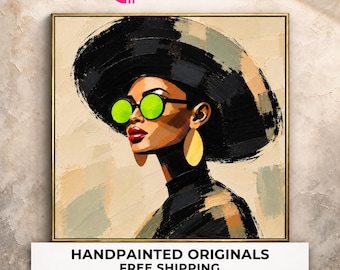 Black Hat Woman Portrait Painting | Neon Green Sunglasses Beige Minimalist Fashion Wall Art Decor