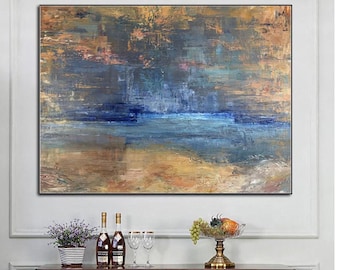 Blue Gold Abstract Landscape Painting | Textured Water Reflection Wall Art for Home
