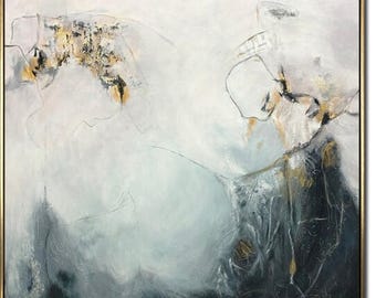 Large Original Abstract Blue And Gold Paintings On Canvas Contemporary Oil Painting Modern Rich Textured Gold Fine Art Wall Decor 46x46&quot;
