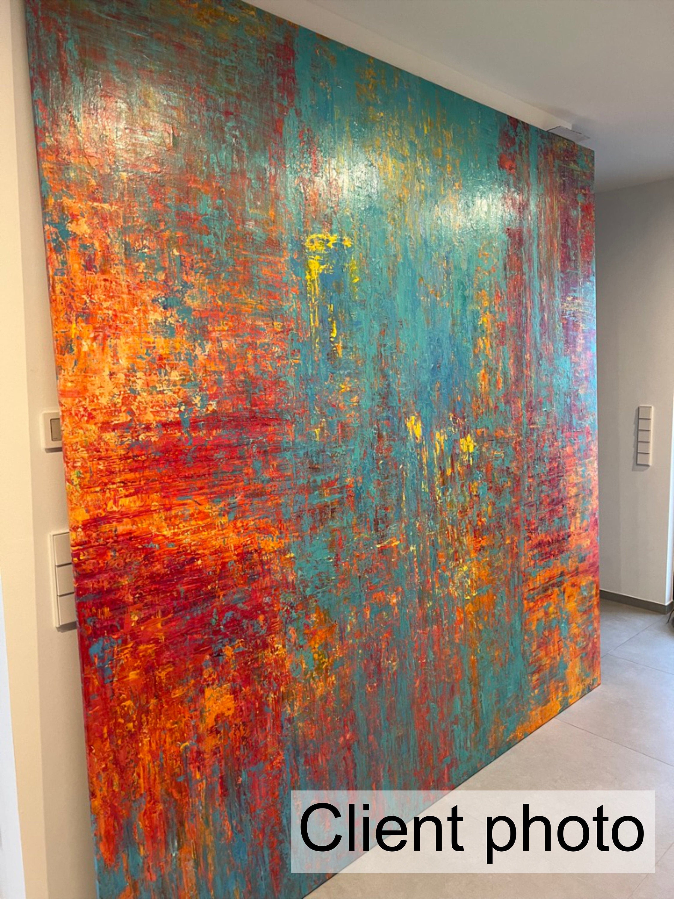 オリジナルの抽象的なカラフルな絵画ターコイズオレンジキャンバス