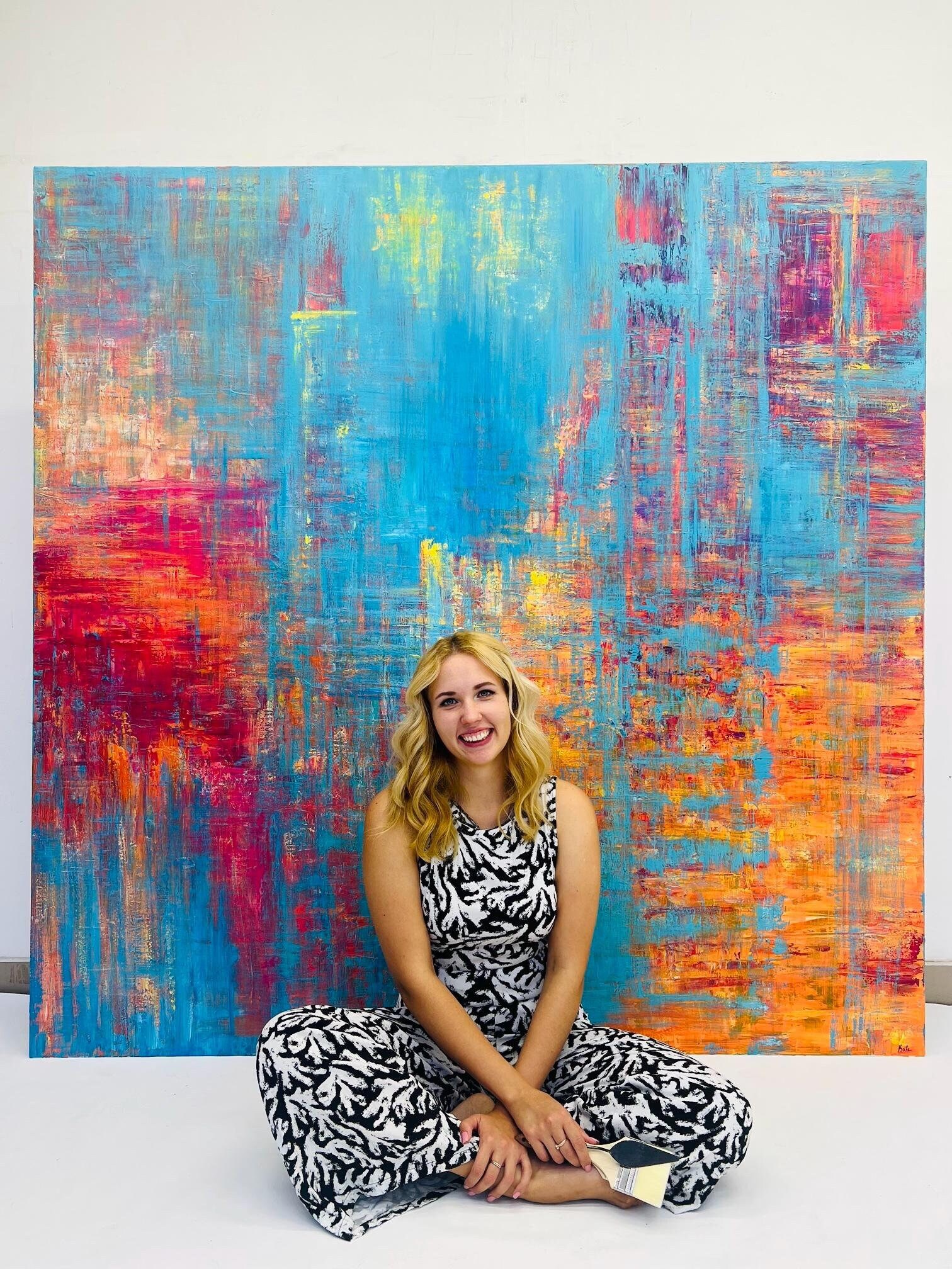 オリジナルの抽象的なカラフルな絵画ターコイズオレンジキャンバス