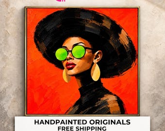 Fashion Woman Portrait Painting | Black Hat Neon Sunglasses Orange Wall Art for Living Room
