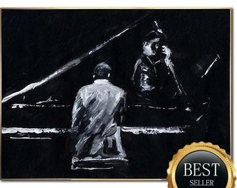 Black and White Jazz Painting – Pianist & Bass Player Art