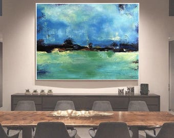 Reus horizontaal abstract landschapsschilderij blauwgroene lucht veld getextureerd canvas originele moderne kunst
