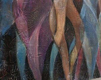 踊る女性の絵画 – 抽象的でカラフルな曲線のシルエットの壁アート