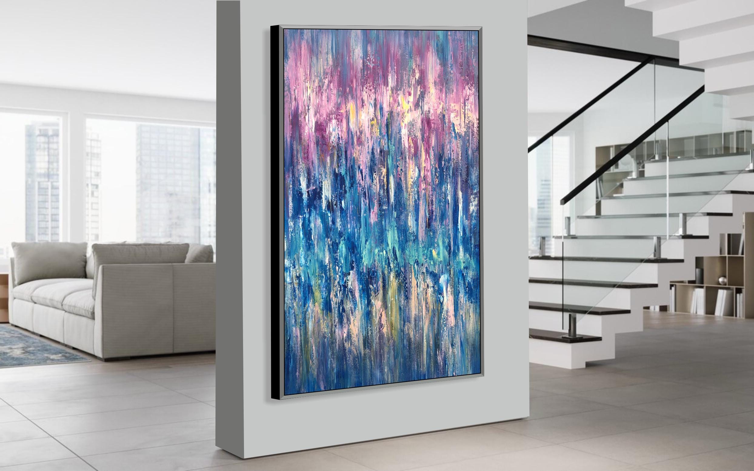 青とピンクの抽象的なキャンバスの壁アート壁装飾 - Etsy 日本