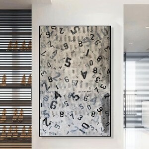 Abstract Painting Numbers Typography Black Grey Textured Canvas Original Modern Wall Art Decor Industrial