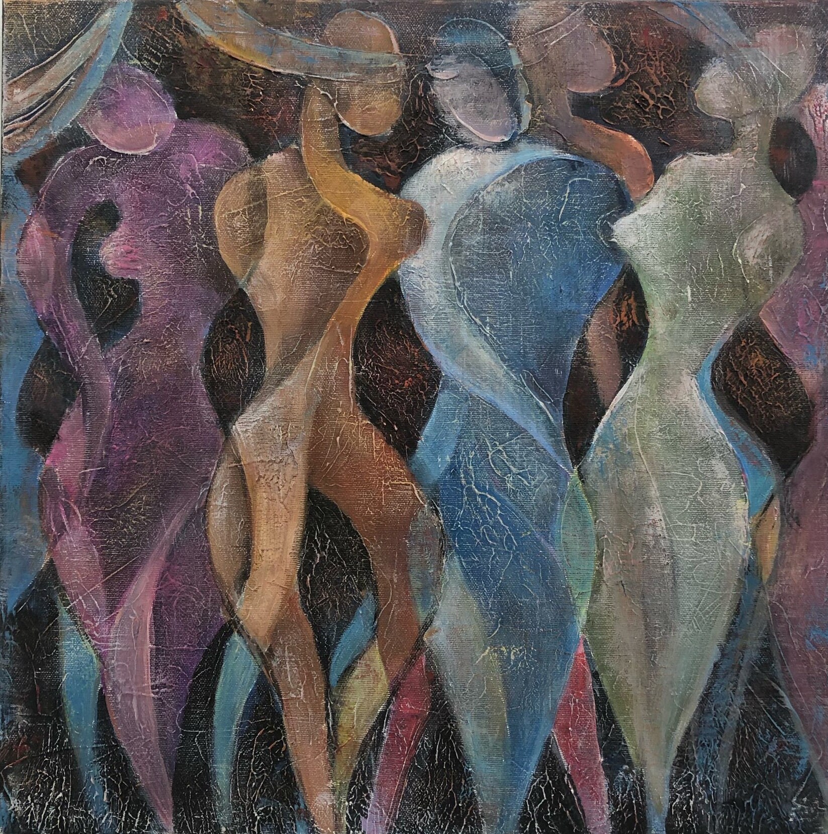 絵画　踊る女性 踊る女性の絵画 – 抽象的でカラフルな曲線のシルエットの壁アート