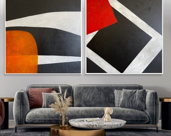 Abstract Geometric Diptych Paintings: Black, White, Red Modern Wall Art