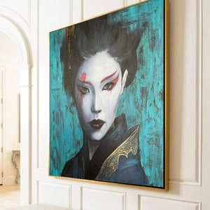 Abstract Chinese Woman Original Female Oil Painting on Green Geisha Wall Art Decor for Living Room WU ZETIAN image 3