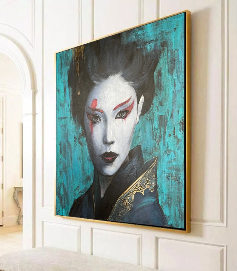 Abstract Chinese Woman Original Female Oil Painting on Green Geisha Wall Art Decor for Living Room WU ZETIAN image 3