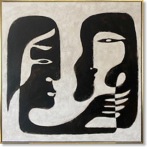 Figurative Abstract Modern Art Black and White Silhouettes Paintings Monochromatic Faces Profile Art Simplicity Minimalism Modern Art 50x50&quot;