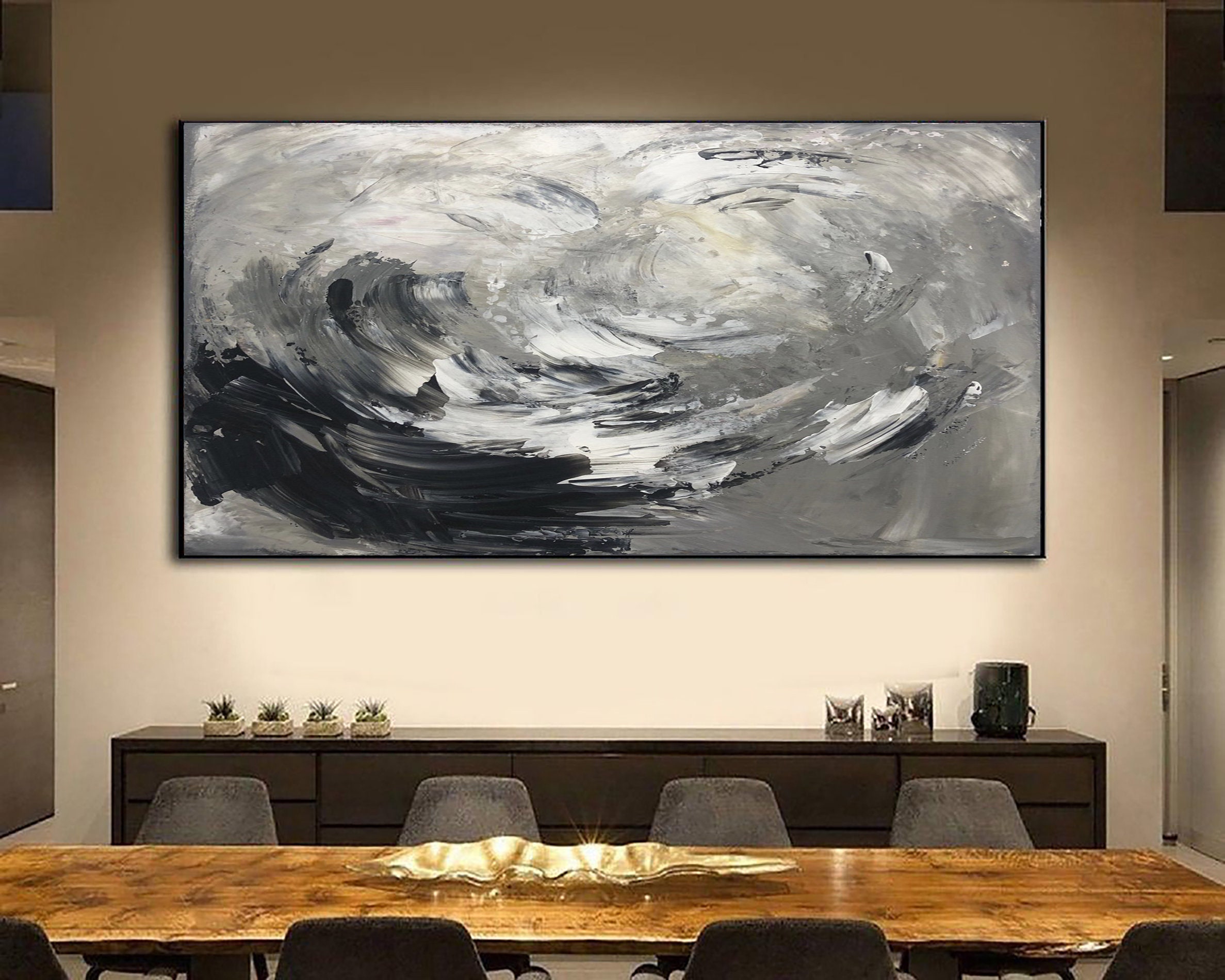 Large Abstract Silver Painting Black and White Wall Art Fine Etsy