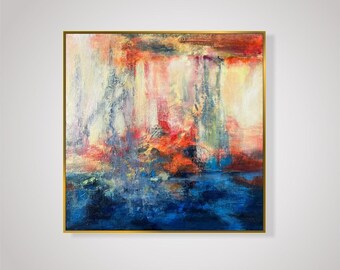 Blue and Red Abstract Oil Painting on Canvas - 24x24"