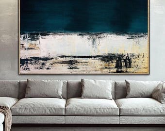 Art mural moderne abstrait horizon bleu marine et sarcelle d'hiver, grande toile paysage texturée