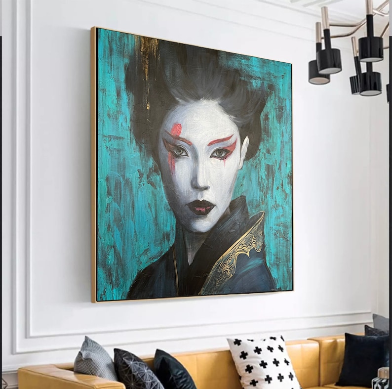 Abstract Chinese Woman Original Female Oil Painting on Green Geisha Wall Art Decor for Living Room WU ZETIAN image 2