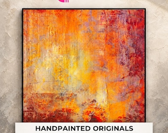 May include: A square abstract painting featuring a vibrant blend of warm colors including bright yellow, deep orange, and rich red tones. The surface displays a textured, layered application of paint with visible brushstrokes and scraped marks.