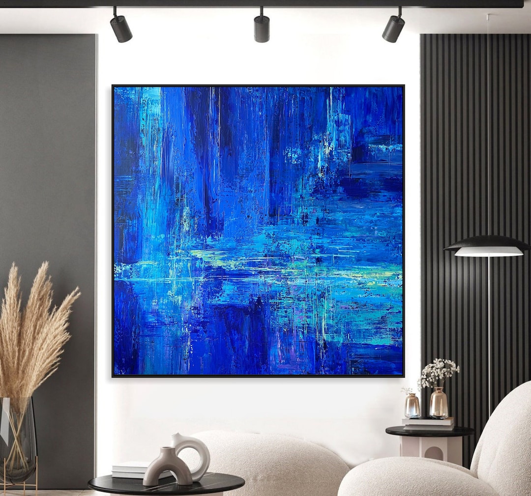 Large Abstract Blue Oil Painting – Textured Ocean-inspired Canvas Wall ...