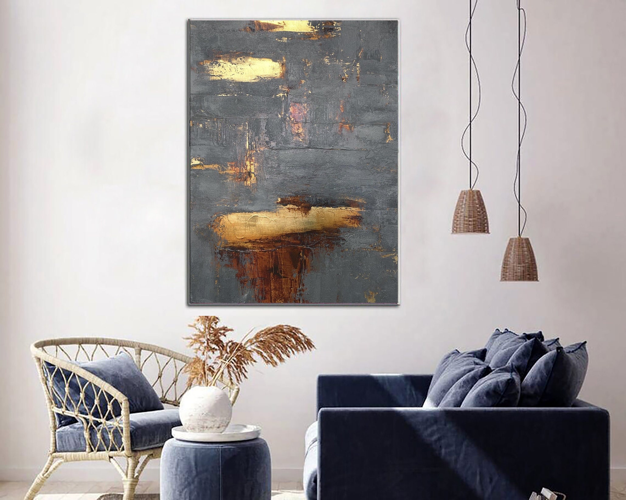 Abstract Grey Painting on Canvas Minimalist Wall Art Gold Leaf Etsy