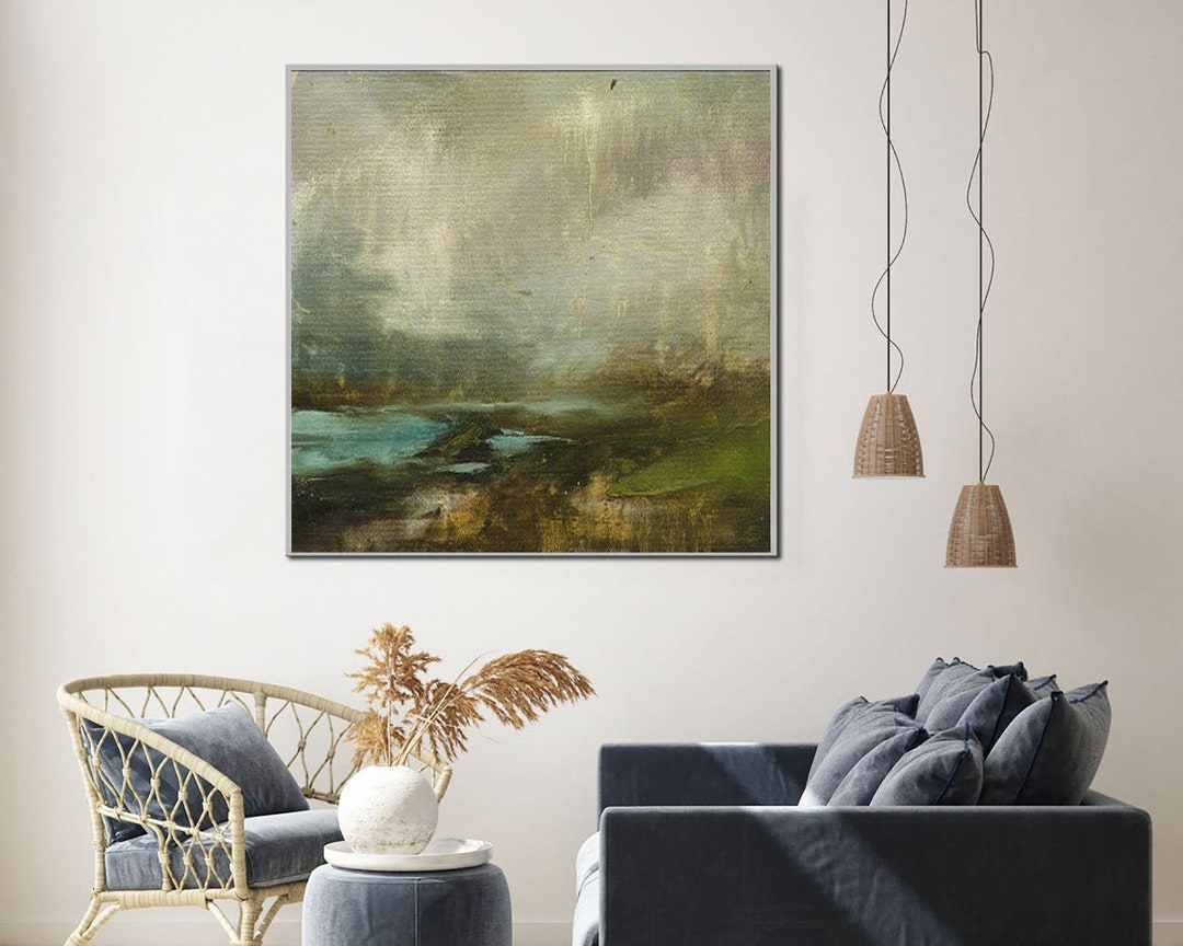 Abstract Landscape Oil Painting on Canvas | Large Green Modern Wall Art ...