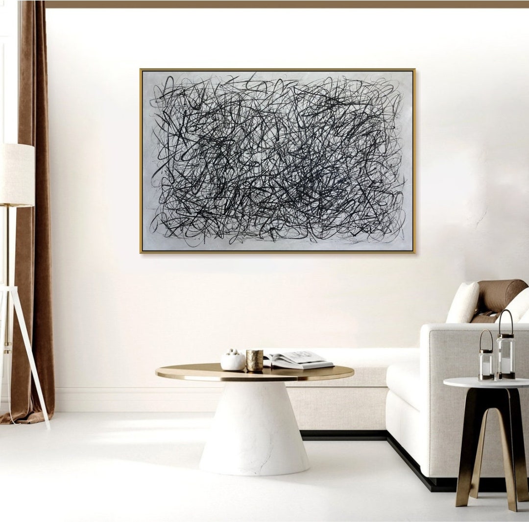 Large Black and White Abstract Line Art Painting: Modern Minimalist ...