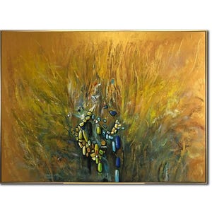 Golden Abstract Painting on Canvas Modern Wall Art with Blue and Green Accents Textured Original Large Contemporary Artwork