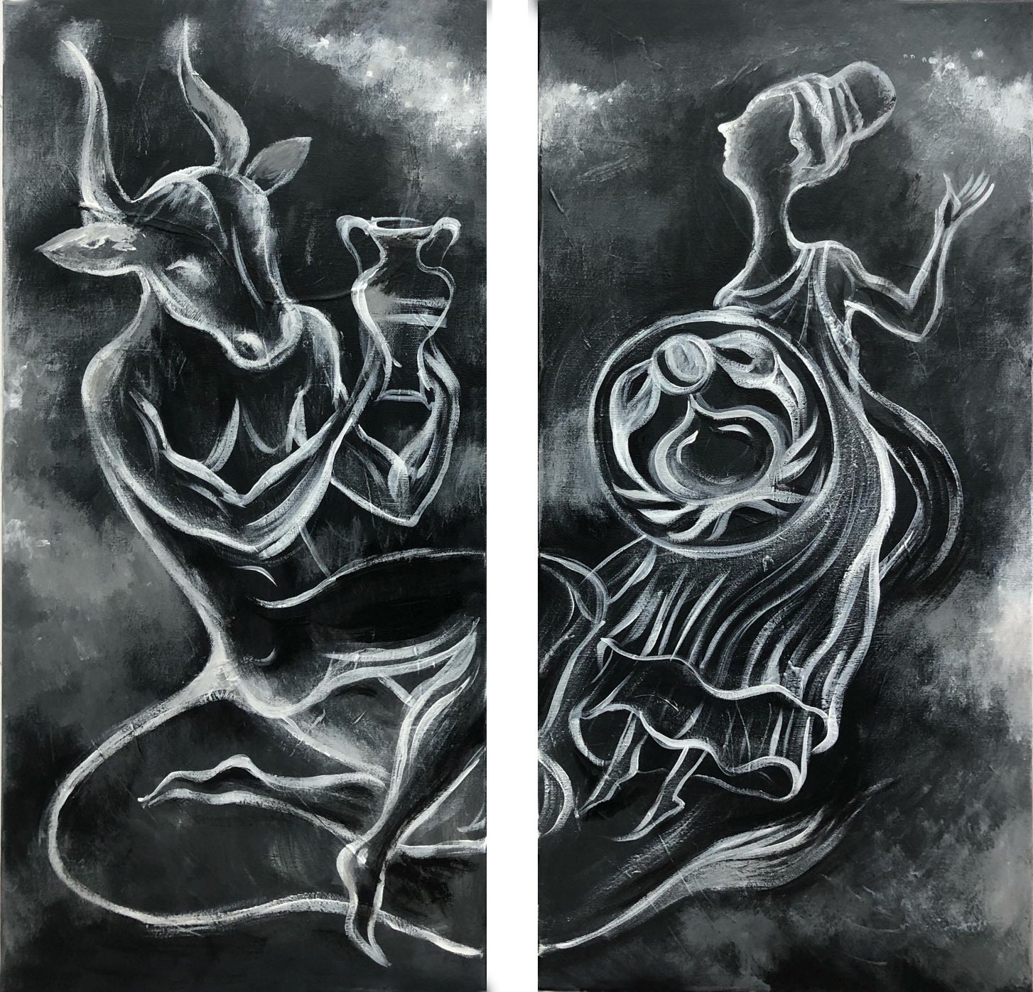 Zodiac Wall Art Canvas Set of 2 Abstract Painting Black and Etsy