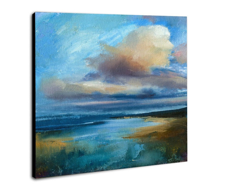 Abstract Coastal Sunset Painting, Textured Ocean Beach Canvas Wall Art ...