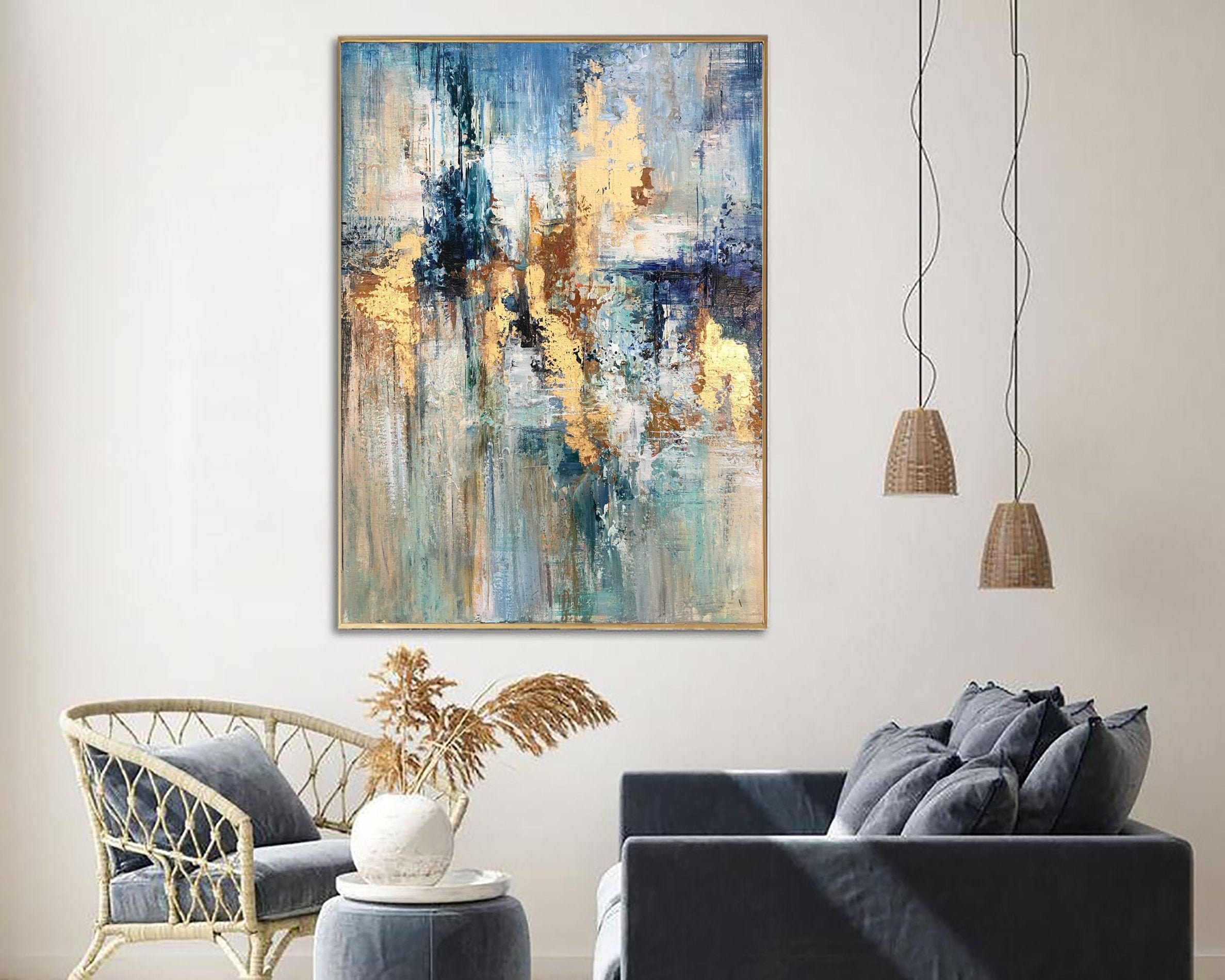 金と青の抽象画 - モダンなテクスチャアート - Etsy 日本