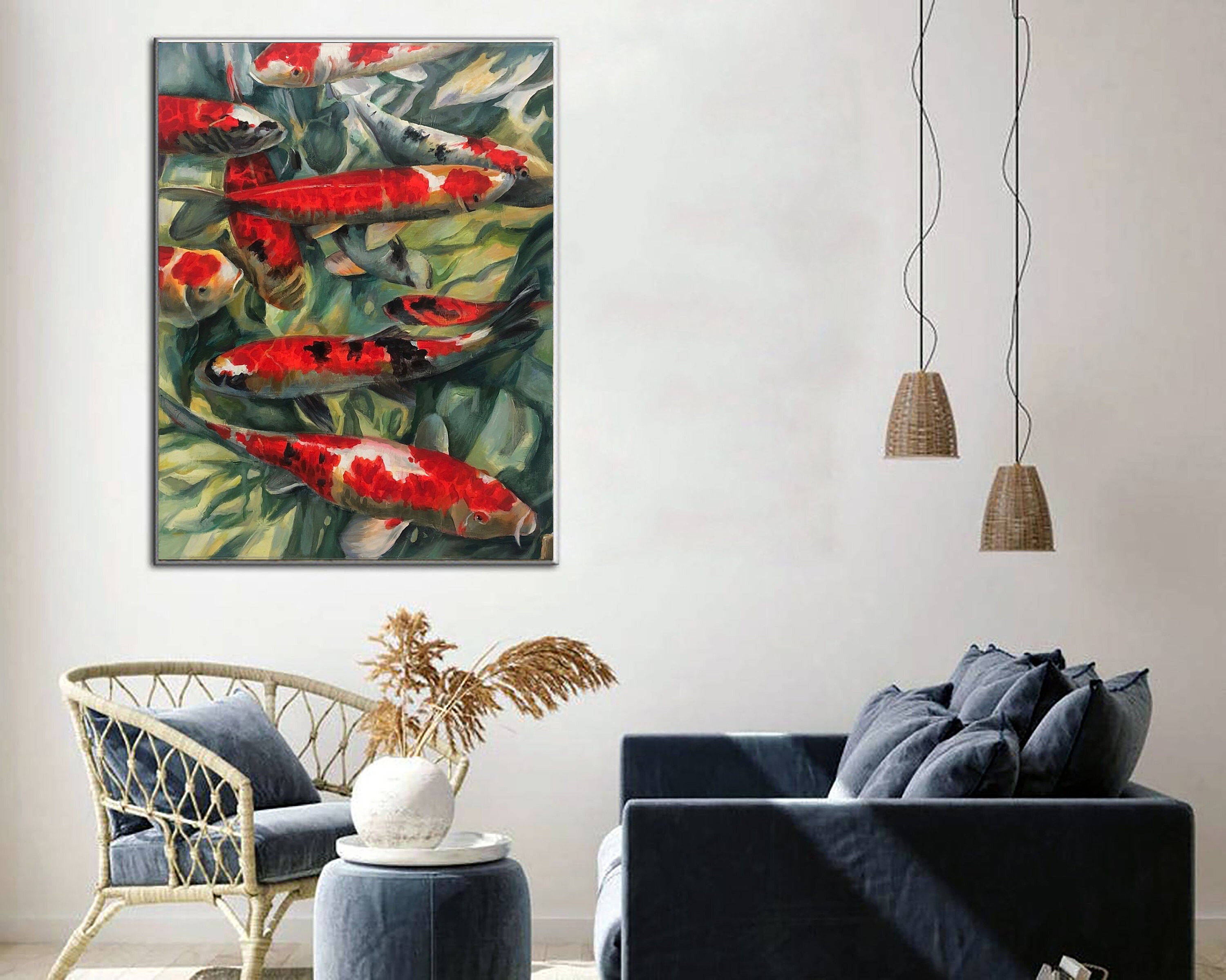 Koi Fish Oil Painting On Canvas Modern Wall Art Feng Shui Etsy