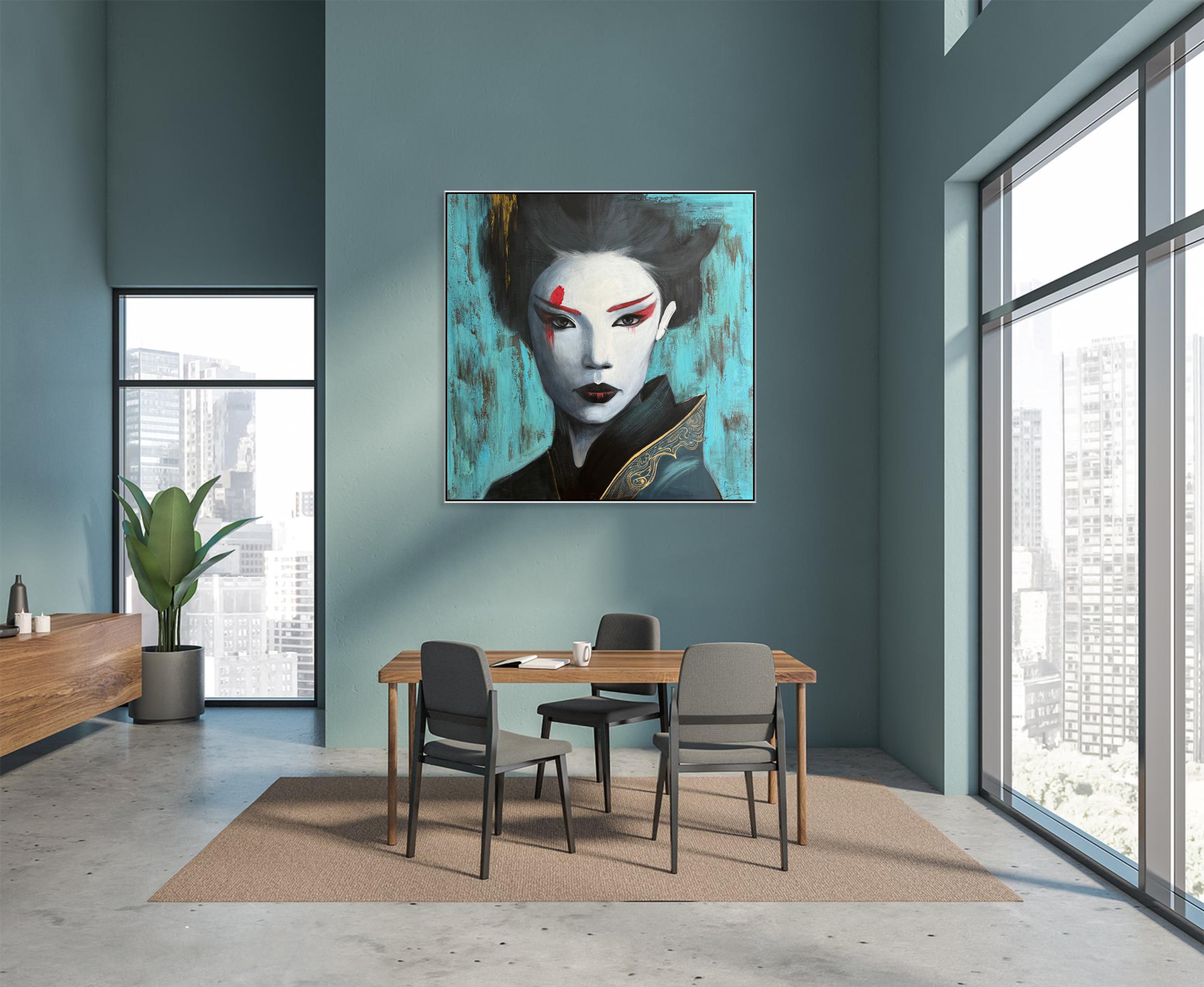 Modern Asian Woman Portrait Painting – Turquoise & Gold Geisha Wall Art ...