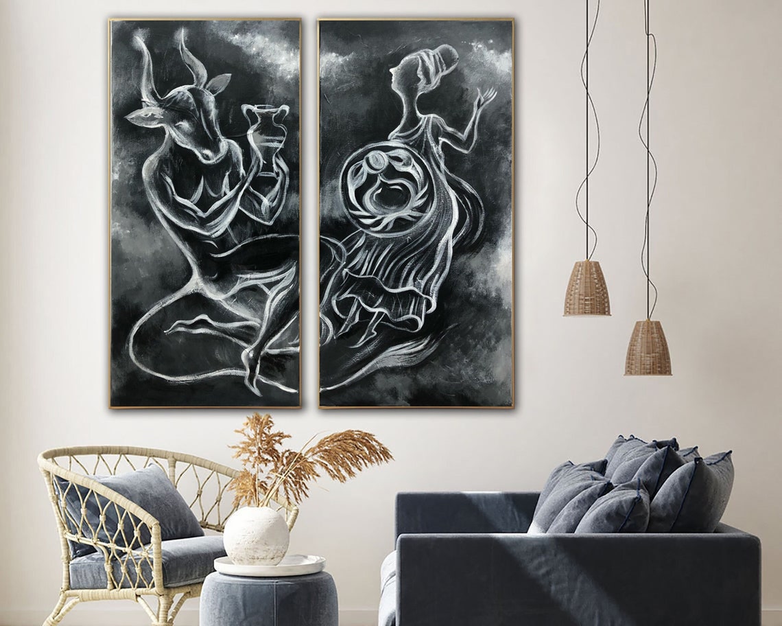 Zodiac Wall Art Canvas Set of 2 Abstract Painting Black and Etsy