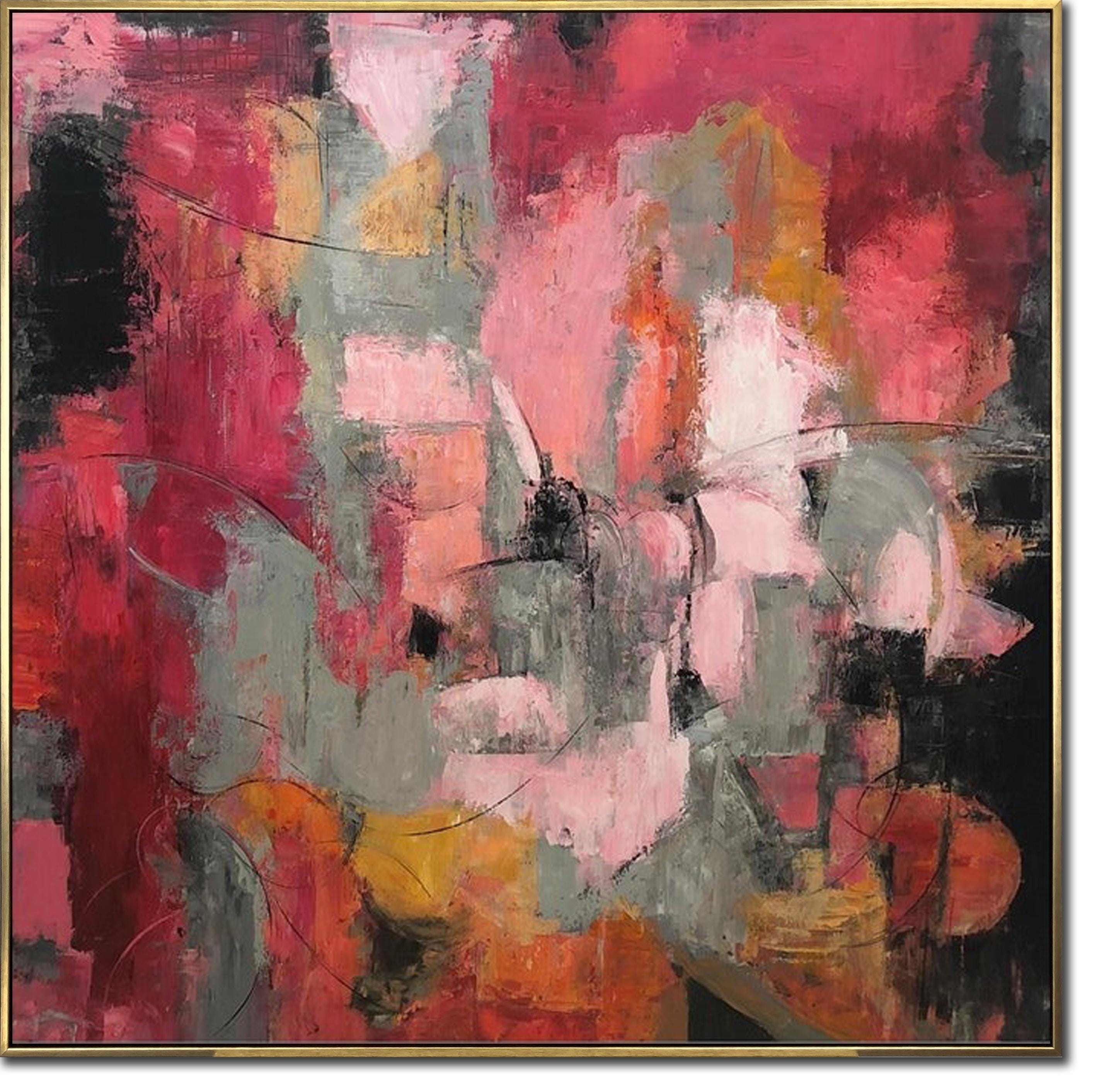 大型赤色抽象画 – 質感のある表現主義アート、60インチ×60インチ