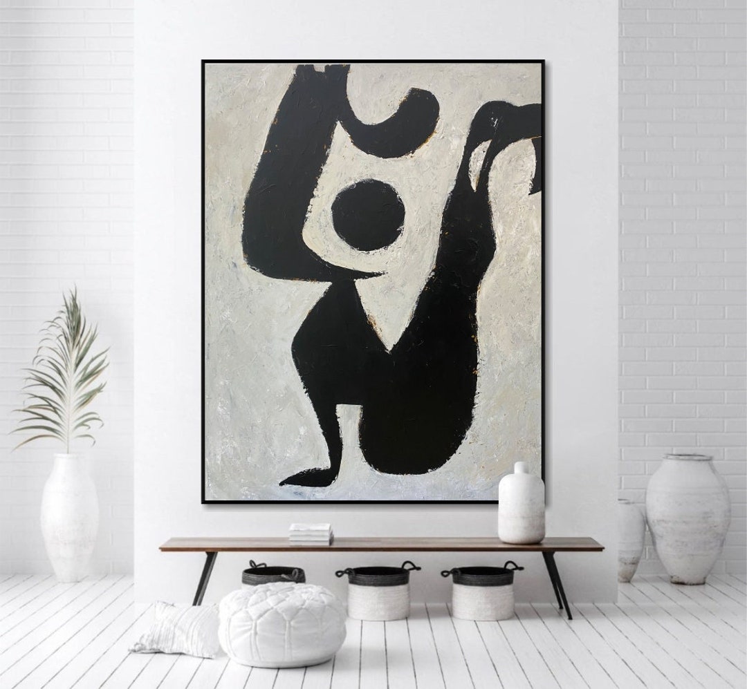 Large Black and White Abstract Geometric Painting: Modern Office Wall ...