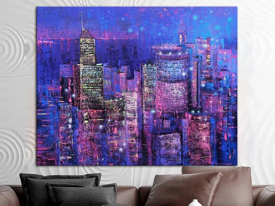 NYC Skyline Oil Painting – Colorful Abstract Cityscape Canvas Wall Art ...