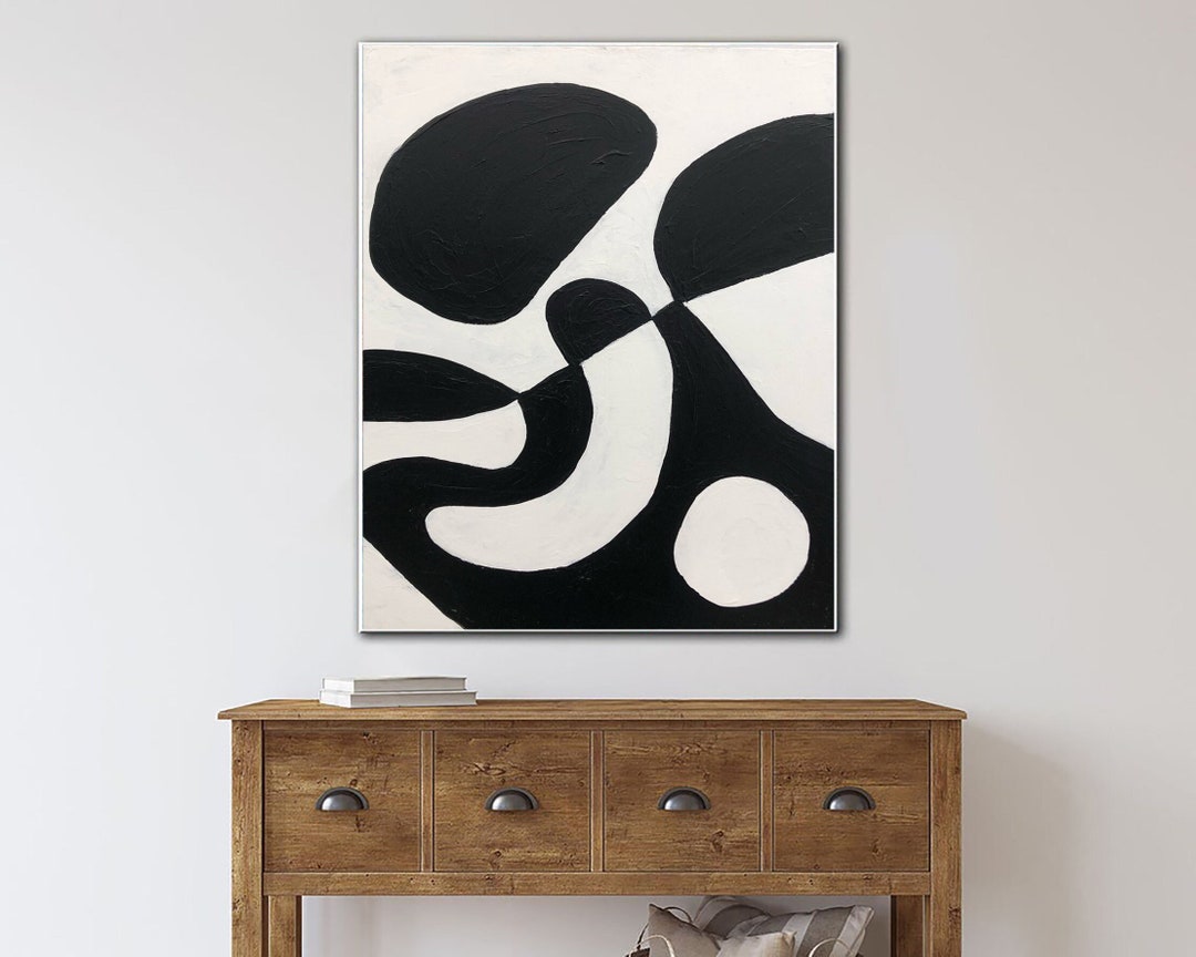 Large Black and White Abstract Painting, Modern Minimalist Canvas Art ...