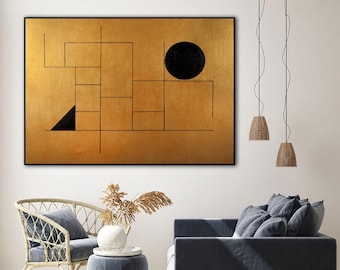 Quadro astratto geometrico orizzontale extra large con foglia d'oro e sfondo nero, minimalista, su tela, opera d'arte originale da appendere al muro.