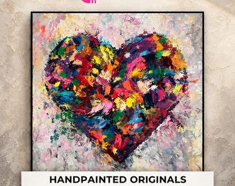 Large Colorful Heart Abstract Painting – Romantic Textured Canvas Wall Art Bedroom Wall Decor