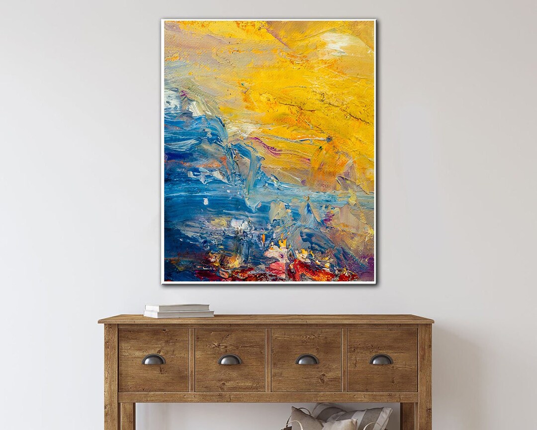 Large Blue and Yellow Abstract Painting, Heavy Impasto Textured Canvas ...