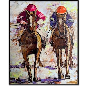 Polospielerin, einzigartige Pop Art Malerei, Polo Kunst, Original impressionistisches Pferdepolo-Ölgemälde auf Leinwand 90x24 cm