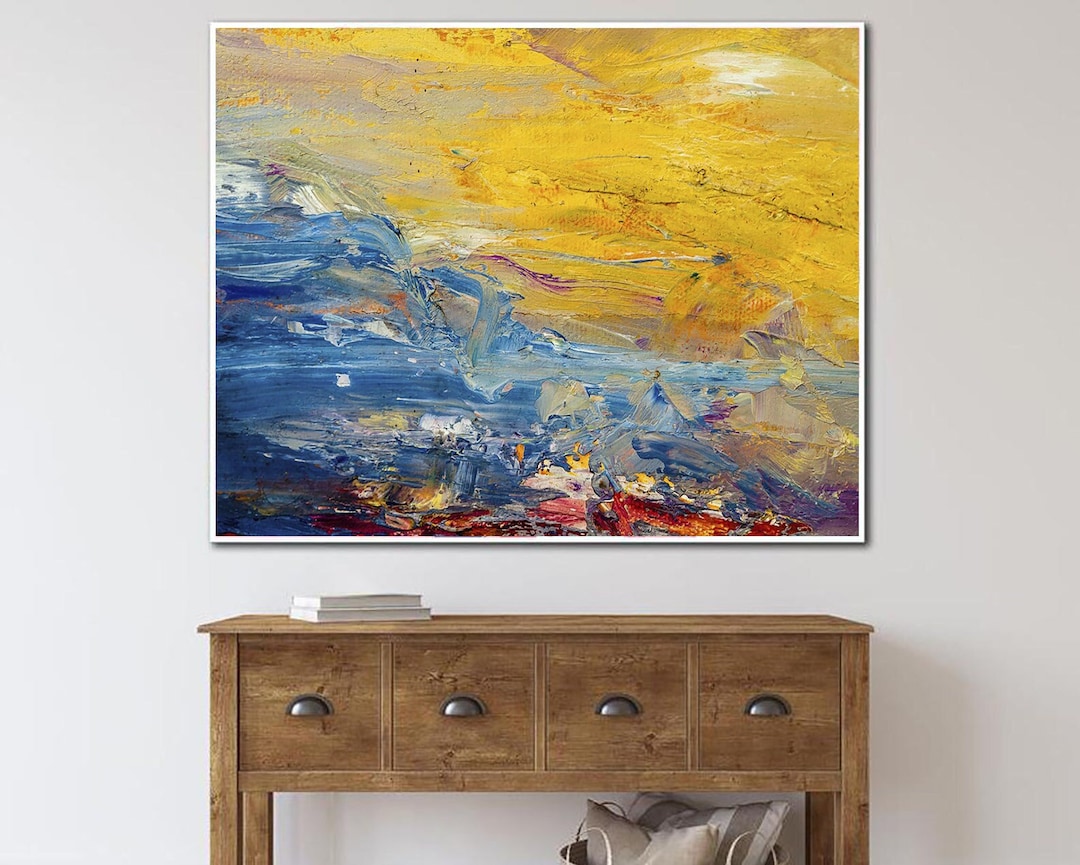 Textured Abstract Landscape Painting - Vibrant Blue and Yellow Wall Art ...